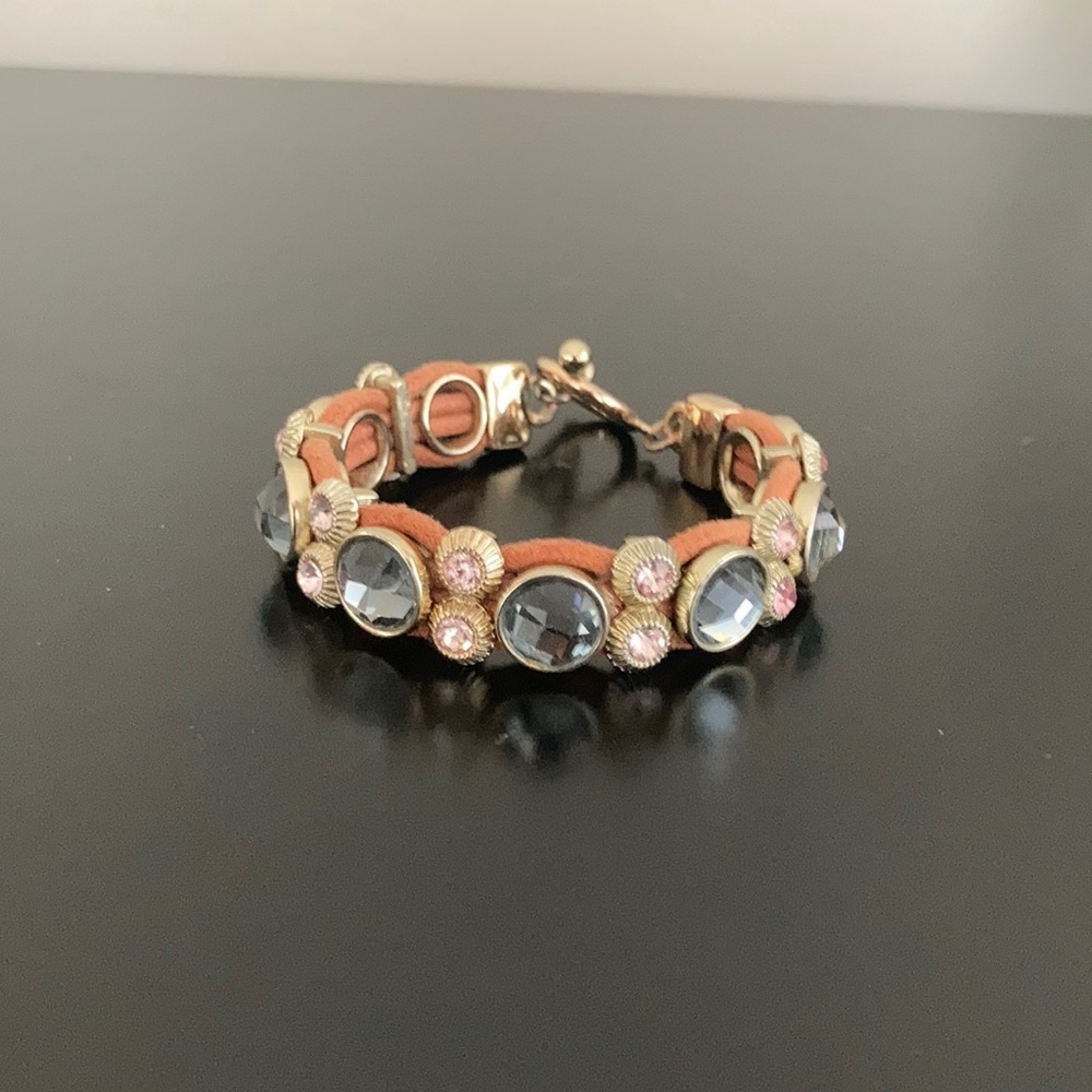 Brown leather bracelet w gold clasps topped w gems